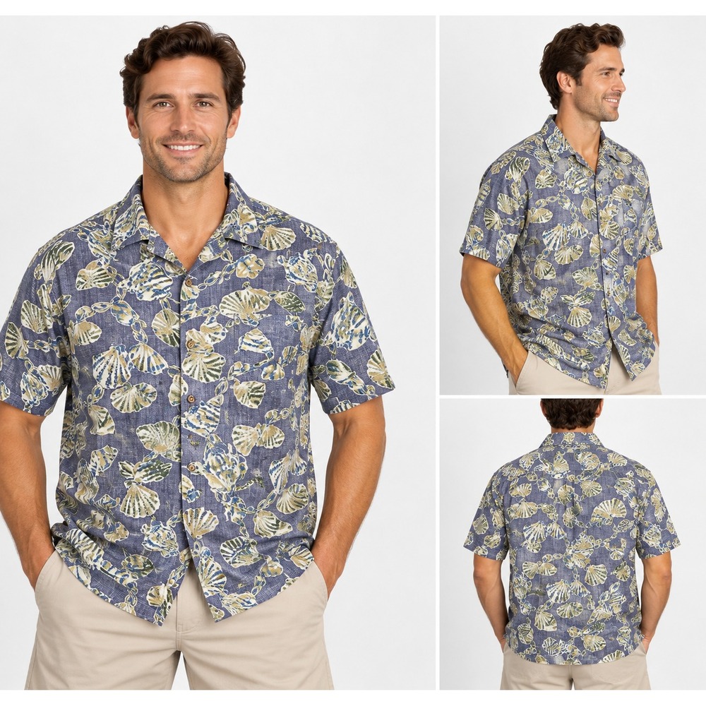 Cooke Street Hawaiian Shirt Men's 2XL Blue Seashell Aloha Short Sleeve Button Up
